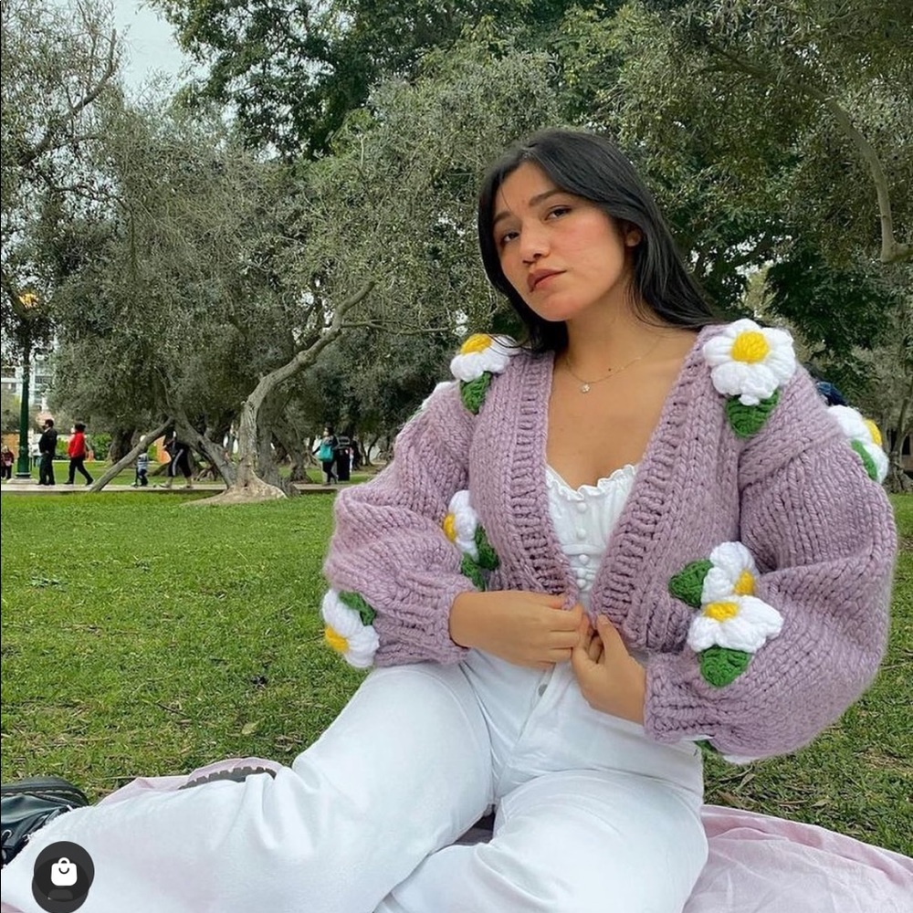 Lavender Chunky Knit Cardigan with Daisy Appliqué